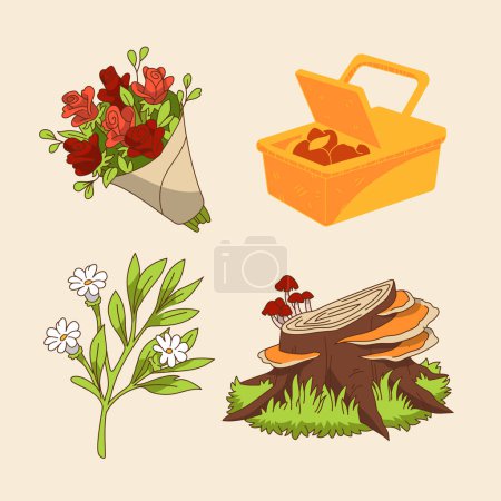 Ilustración de Una ilustración de una maceta con un ramo de flores, una cesta de picnic, un hongo y un tocón de árbol. El arte representa una hermosa escena con plantas terrestres y plantas de interior - Imagen libre de derechos