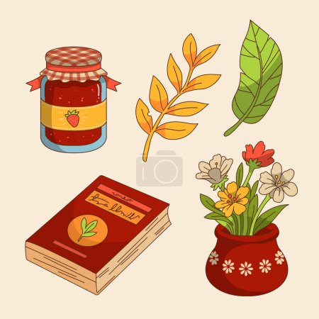 A flowerpot with a vase of flowers, a jar of jam, a book, and a leaf sitting on a rectangular table. The vibrant petals of the flowers add a pop of color to the scene