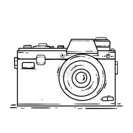 Téléchargez les illustrations : Un dessin noir et blanc d'un appareil photo numérique avec un corps rectangle, lentille de caméra circulaire, et diverses icônes de l'appareil photo tels que pointandshoot et reflex caméras sur un fond blanc - en licence libre de droit