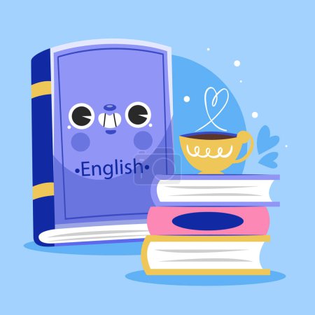 A smiley face logo with magenta font on a stack of brand books and a cup of coffee on an electric blue rectangle background with plastic circle graphics