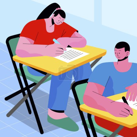 Ein Mann und eine Frau sitzen an einem Tisch und schreiben auf ein Blatt Papier. Sie teilen einen künstlerischen Moment in ihrer Freizeit und haben Spaß dabei, in magenta-farbenen T-Shirts nachzubauen.