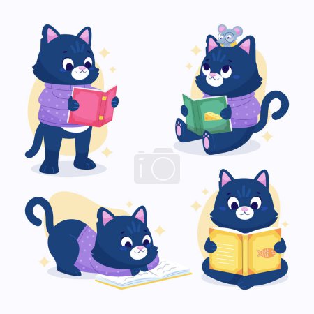 Eine schwarze Katze, ein kleines bis mittelgroßes Säugetier der Familie Felidae, liest ein Buch in verschiedenen Posen. Der Hintergrund ist weiß, blau und lila mit einem Hauch von Gelb. Es ist ein Fleischfresser