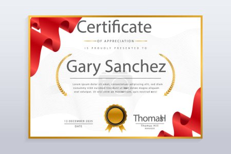 Un certificat portant le nom Gary Sanchez en caractères gras, entouré d'un rectangle et d'un dessin graphique circulaire. Convient pour l'image de marque, la publicité, les pages Web, les publications, les enseignes et les logos