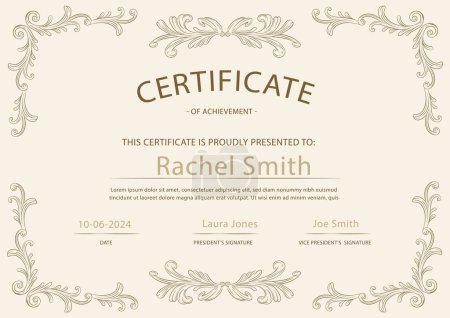 Rachel Smith is awarded a certificate of achievement in a rectangular paper product with elegant handwriting and artistic patterns