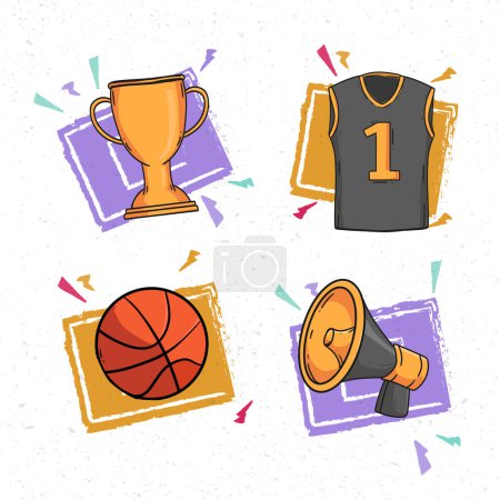 Ilustración de un baloncesto, trofeo, camiseta deportiva y megáfono en un estilo de dibujos animados. El jersey es azul eléctrico con pantalones cortos y camisa sin mangas