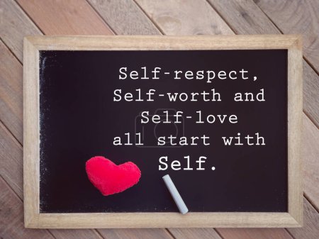 Motivational and inspirational wording. Self-reapect, Self-worth and Self-love all start with Self written on a blackboard. With blurred styled background.