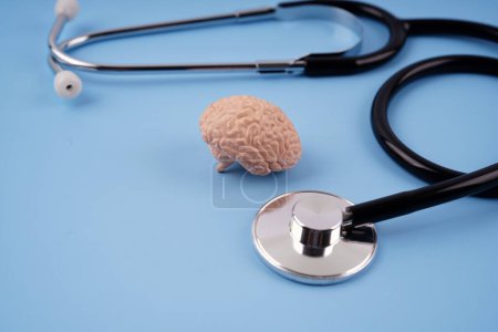 Health and medical concept. Mini humans brain replica and stethoscope arranged on a blue background.