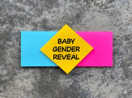 Photo for Motivational and inspirational wording. BABY GENDER REVEAL written on adhesive paper. Blurred styled background. - Royalty Free Image