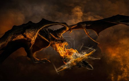 Téléchargez les photos : Dragon respirant le feu sur un avion ciel sombre - en image libre de droit
