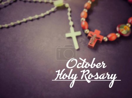 Photo for Christianity Concept - October holy Rosary text background. Stock photo. - Royalty Free Image