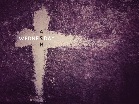 Photo for Lent Season, Holy Week, Ash Wednesday, Palm Sunday and Good Friday concepts. Ash Wednesday words text with purple vintage background. - Royalty Free Image
