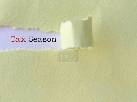 Texto de la temporada de impuestos detrás del fondo de papel roto. Foto de stock.