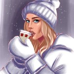 Fashion illustration of a winter girl with coffee in hands for a wall painting, poster, logo, print, avatar, gift.