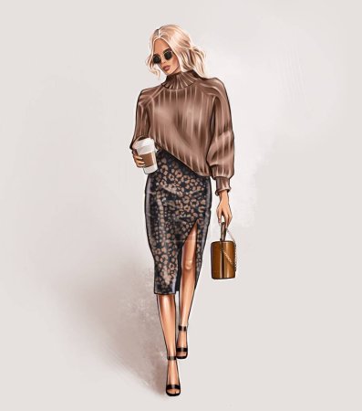 Photo for Fashion illustration of young woman in beautiful skirt with animal print with coffe in hand, for wall painting, poster, logo, print, avatar, gift. - Royalty Free Image