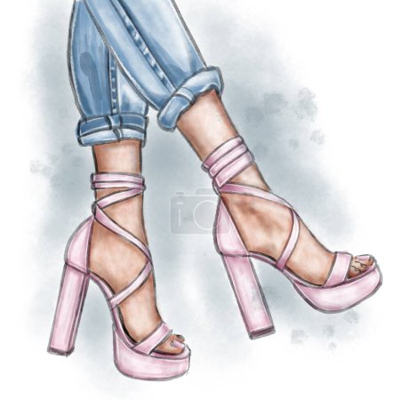 Watercolor fashion illustration of women's legs in jeans and pink sandals on a white background, for logo, print, avatar, gift, painting.