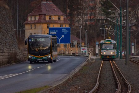 Foto de Tram way line in Liberec city in winter cloudy fresh evening - Imagen libre de derechos