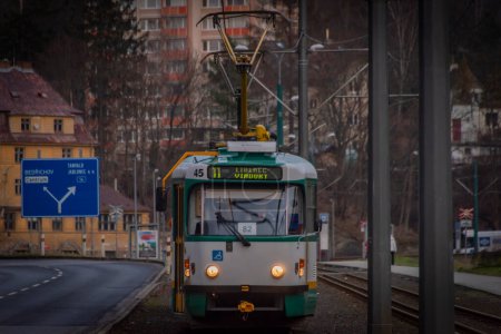 Foto de Tram way line in Liberec city in winter cloudy fresh evening - Imagen libre de derechos