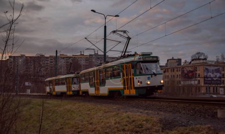 Photo for Tram way line in Liberec city in winter cloudy fresh evening - Royalty Free Image