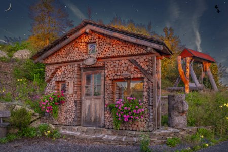 Photo for Color morning in Braunegg village with wooden cottage in fresh Austria summer mountains - Royalty Free Image