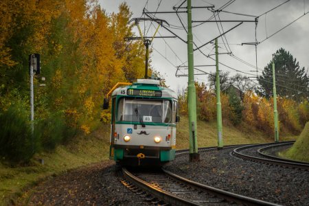 Photo for Trams in slope between Vratislavice town and Liberec city in color autumn Liberec CZ 11 18 2023 - Royalty Free Image