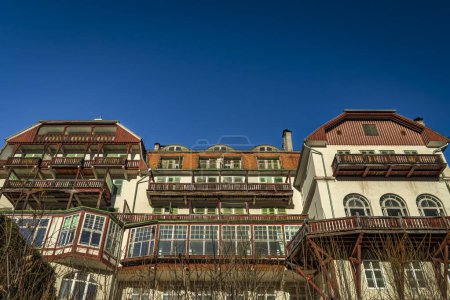 Photo for Old hotel near mountains railway in winter cold morning near Semmering Austria 01 13 2024 - Royalty Free Image