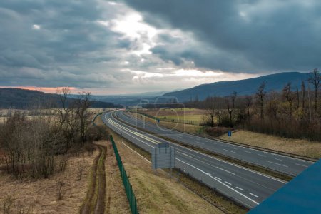 View from old railway with bridge over highway near Usti nad Labem industry city