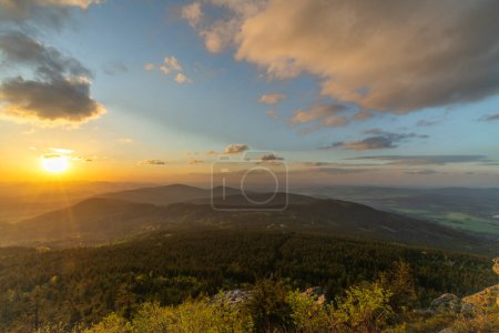 View from Jested hill on spring fresh landscape with color sunset in north Czech republic