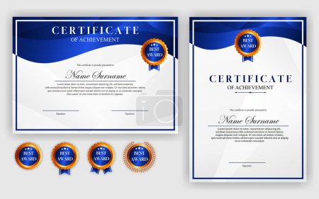 Téléchargez les illustrations : Certificat design simple moderne a4 luxe certificat bleu or couleur - en licence libre de droit