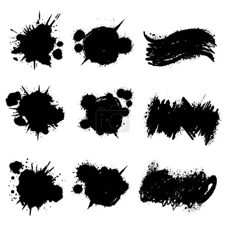 Illustration for Black splash collection. Ink stain. Spray paint the shape with stain. Set of spray paint elements. black ink splash lines and drops. Paint brush, stroke vector set. Spray paint the shape with stain. - Royalty Free Image