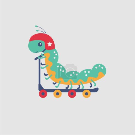 A funny cartoon green caterpillar is holding a ride sign in his hand and shouting loudly.