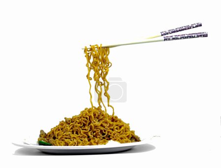 Levitation photo of flying noodles with chopsticks