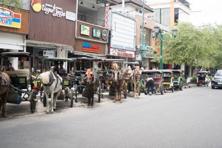 Téléchargez les photos : 28 janvier 2023. Chariots traditionnels ou Andong autour de Malioboro, Yogyakarta. Indonésie. Photographie de rue. - en image libre de droit