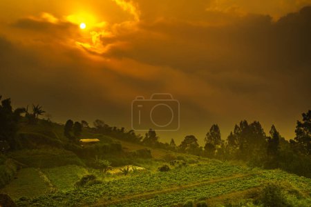Photo for Hazy sunset over green village on the mountain slopes of Merbabu, Central Java, Indonesia. Nature and landscape photography. - Royalty Free Image