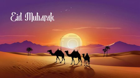 Silhouette camels walking along in the desert during beautiful sunset with the text Eid Mubarak