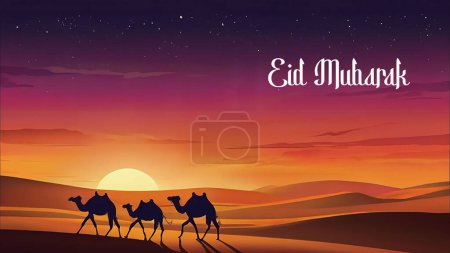Silhouette camels walking along in the desert during beautiful sunset with the text Eid Mubarak