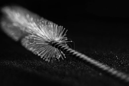 a black and white photo of a tube brush with a feather on a dark background. Still Life photography.