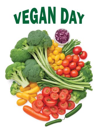 Téléchargez les illustrations : Vgn2Plat coloré de légumes disposés en cercle sur un fond blanc pour la campagne de la journée végétalienne - en licence libre de droit