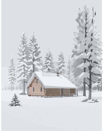 Photo for Winter scene of a log cabin in the middle of pine trees forest with the snow covered. Illustration vector for Christmas. - Royalty Free Image