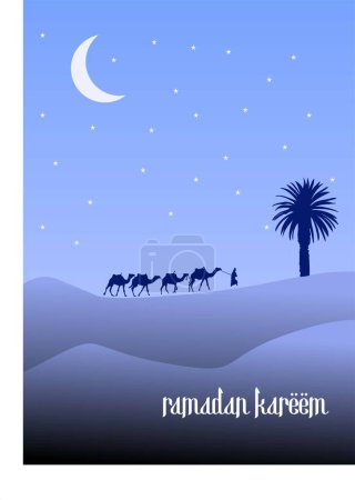 Téléchargez les illustrations : Une caravane de silhouettes de chameaux contre un ciel nocturne avec un croissant de lune, transportant des marchandises et dirigée par un homme en prière. Illustration pour le Festival de l'Aïd et du Ramadan. - en licence libre de droit