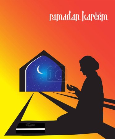 Téléchargez les illustrations : Silhouette d'une femme priant dans une mosquée avec le fond du ciel nocturne et croissant de lune. Illustration pour le Festival de l'Aïd et du Ramadan. - en licence libre de droit