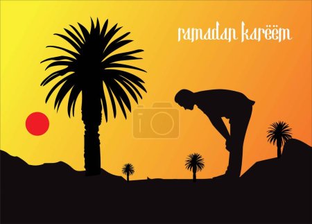 Téléchargez les illustrations : Un homme silhouette contre un ciel couchant alors qu'il prie sous un palmier dans le désert. Illustration pour les grandes fêtes islamiques - en licence libre de droit