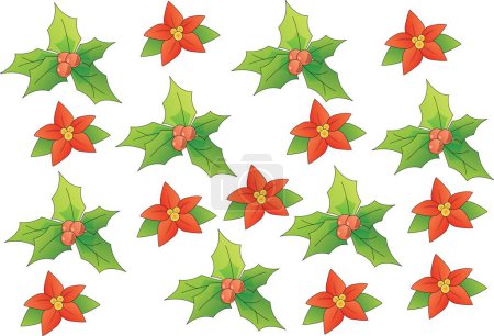 Téléchargez les illustrations : Pointsettia de Noël rouge et vert sans couture et les feuilles vertes sur le fond blanc. Vecteur Illustration de Noël - en licence libre de droit