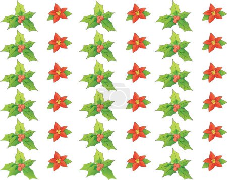 Illustration for Seamless red and green Christmas Pointsettia and the green leaves on the white background. Christmas Illustrations. - Royalty Free Image