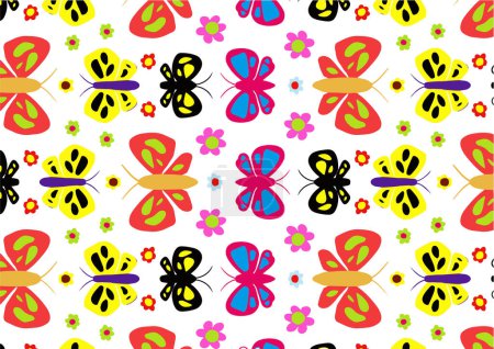 Ilustración de Un patrón sin costuras de coloridas mariposas y flores sobre un fondo blanco. Ilustraciones vector. - Imagen libre de derechos