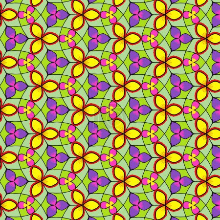 Illustration for A vibrant seamless pattern of stylized purple and yellow flowers with green leaves, reminiscent of Art Nouveau stained glass. Abstract Illustration. - Royalty Free Image