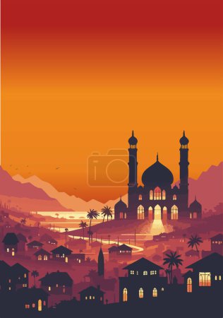 Die Silhouette einer Moschee sticht vor der Kulisse eines schönen Dorfes hervor. Die Berge in der Ferne bieten eine atemberaubende Kulisse, und die untergehende Sonne wirft einen warmen Schein über die Szenerie.