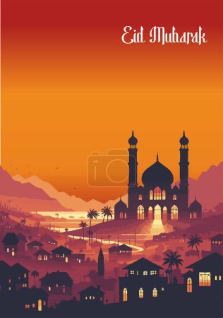 La silueta de una mezquita sobre el telón de fondo de un hermoso pueblo. Las montañas proporcionan un telón de fondo impresionante, y el sol poniente arroja un cálido resplandor sobre la escena con el texto Eid Mubarak.