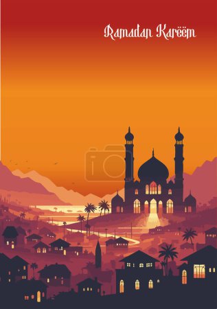 La silueta de una mezquita sobre el telón de fondo de un hermoso pueblo. Las montañas proporcionan un telón de fondo impresionante, y el sol poniente arroja un cálido resplandor sobre la escena con el texto Eid Mubarak.