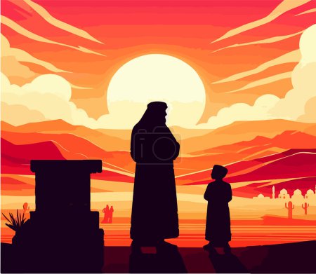 Ein arabischer Vater und ein arabisches Kind stehen neben ihrem Haus, Palmen reichen in Richtung eines pulsierenden Sonnenaufgangs. Sanddünen und abgelegene Häuser vervollständigen die friedliche Wüstenlandschaft.