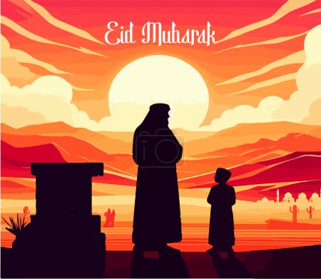 A silhouetted Arab father and child stand by their home, palm trees reaching towards a vibrant sunrise. Sand dunes and distant houses complete the peaceful desert landscape. in Eid Mubarak.